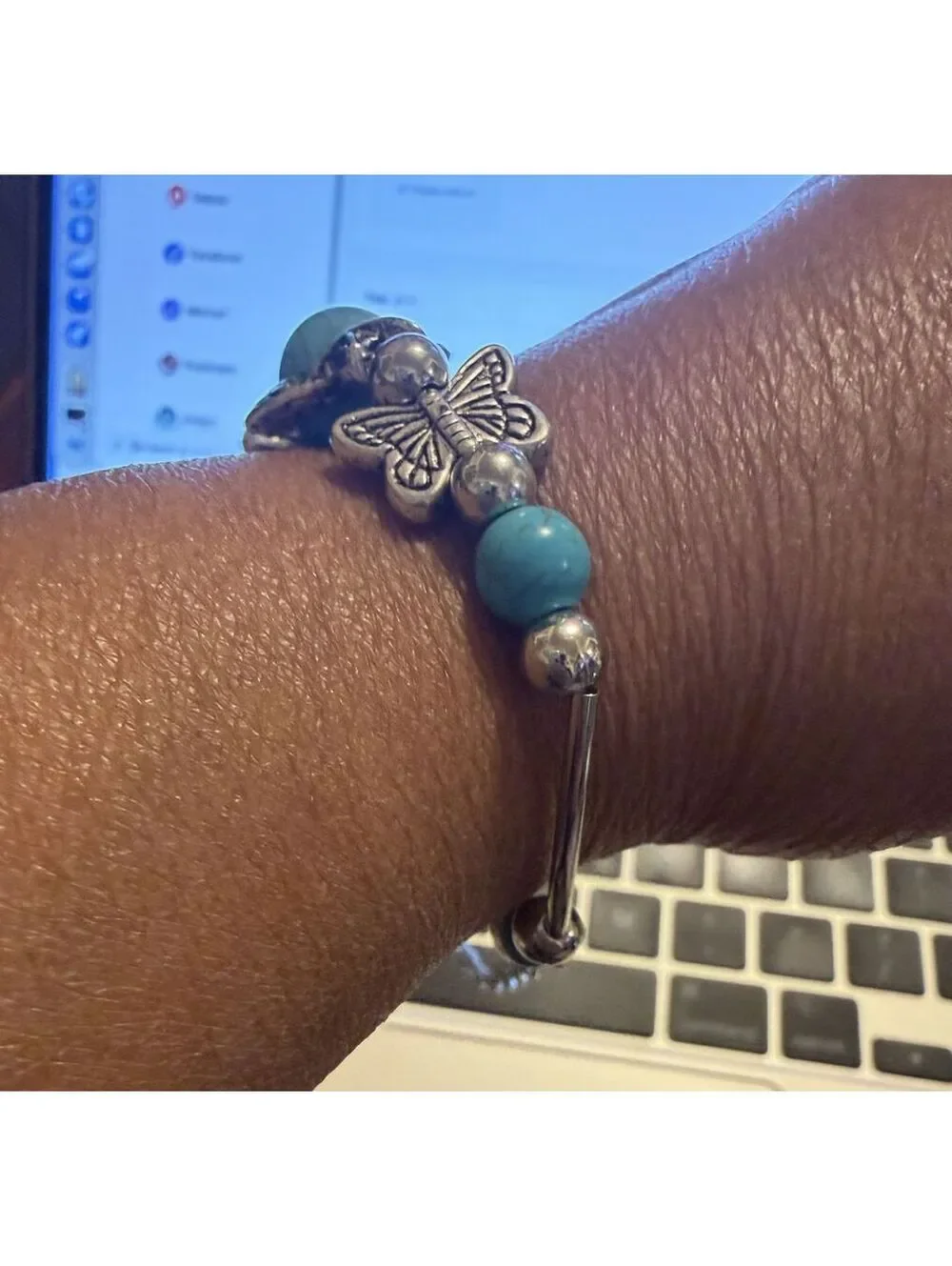 BRACELET Silver Tone Butterfly and Turquoise Beaded Bracelet